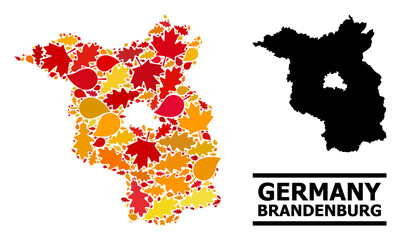 Mosaic autumn leaves and solid map of Brandenburg State. Vector map of Brandenburg State is shaped of random autumn maple and oak leaves. Abstract territory plan in bright gold, red,