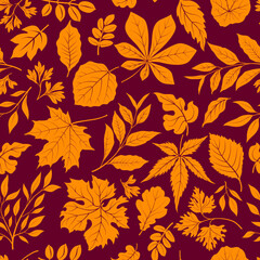 Naklejka na ściany i meble Autumn leaves stylish background. Fall seamless pattern with hand drawn leaves. Seasonal nature backdrop