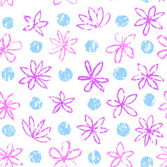 Fototapeta na wymiar Seamless floral pattern with polka dot ornament. Stylish drawn backdrop with flowers. Abstract scribble textured pattern with flowers ornament. Isolated on white.