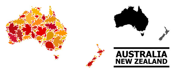 Mosaic autumn leaves and usual map of Australia and New Zealand. Vector map of Australia and New Zealand is constructed with randomized autumn maple and oak leaves.