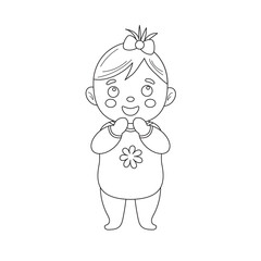 girl icon. Coloring page of outline stickers of little baby girl. Emblem of kid health. Vector monochrome illustration.
