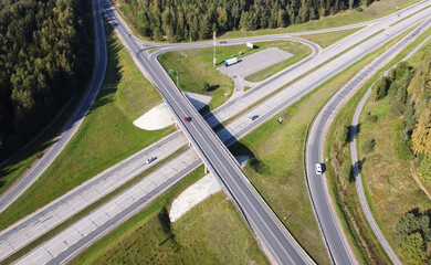 Top view of the crossroads with automobile bridge with highway and autobahn