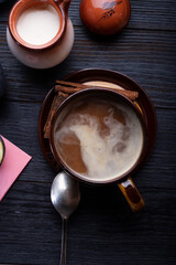 fresh coffee form cezve with natural organic cream. life style concept