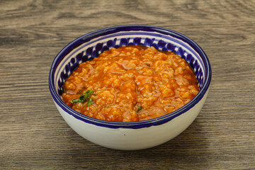 Traditional Georgian Kharcho soup with meat