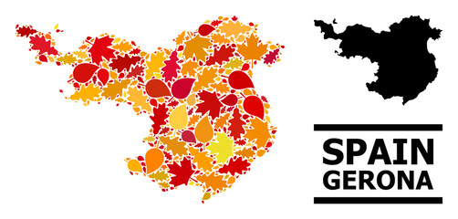 Mosaic autumn leaves and solid map of Gerona Province. Vector map of Gerona Province is made with randomized autumn maple and oak leaves. Abstract geographic scheme in bright gold, red,