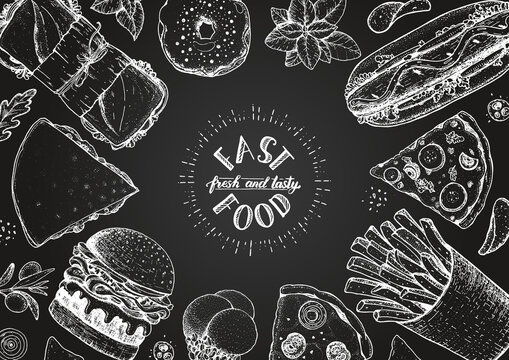 Fast food hand drawn sketch collection. Vector illustration. Junk food set. Engraved style illustration.Top view frame