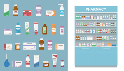 Large rack with medicines isolated on white background. And set of tablets, sprayers and bottles for illness and pain treatment. Concept of pharmaceutics and medication. Vector illustration.