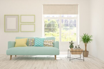 White living room with sofa and summer landscape in window. Scandinavian interior design. 3D illustration