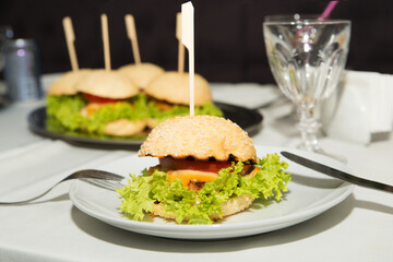 Homemade burger with salad and cheese on a white plate