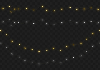 Christmas lights garlands. Festive design elements. Celebrate realistic object. Holiday Xmas Decor drip dew led lamp. New Year light effects isolated. Vector illustration.