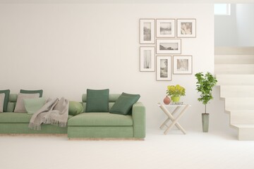 White living room with sofa. Scandinavian interior design. 3D illustration