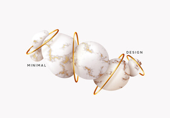 Abstract background balls in gold rings and marble texture, granite stone pattern. Modern minimal design with realistic 3d render objects. Art trend poster. White soft orb. Vector illustration