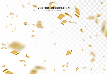 Falling shiny golden confetti isolated on transparent background. Bright festive tinsel of gold color.
