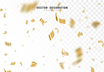 Falling shiny golden confetti isolated on transparent background. Bright festive tinsel of gold color.