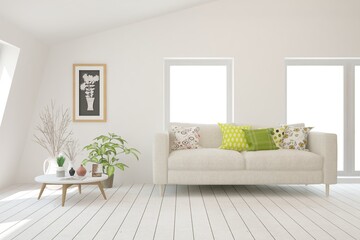White living room with sofa. Scandinavian interior design. 3D illustration