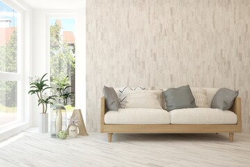 White living room with sofa and summer landscape in window. Scandinavian interior design. 3D illustration