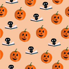 Seamless pattern with pumpkins and a book