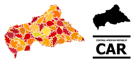 Mosaic autumn leaves and solid map of Central African Republic. Vector map of Central African Republic is constructed with randomized autumn maple and oak leaves.
