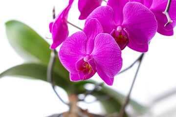 A close up portrait of a purple orchid flower in front of a white background. There are multiple flowers on the plant.