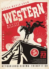 Rolgordijnen Western movies poster template with cowboy riding the horse in Arizona landscape. Wild west sunset vector illustration. Cinema flyer. © lukeruk