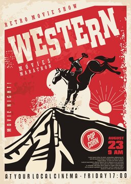 Western movies poster template with cowboy riding the horse in Arizona landscape. Wild west sunset vector illustration. Cinema flyer.