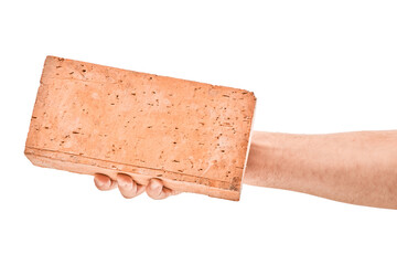 Man hands showing a brick over white background isolated.