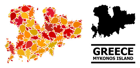 Mosaic autumn leaves and solid map of Mykonos Island. Vector map of Mykonos Island is organized of randomized autumn maple and oak leaves. Abstract geographic plan in bright gold, red,