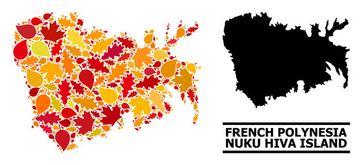 Mosaic autumn leaves and usual map of Nuku Hiva Island. Vector map of Nuku Hiva Island is formed from random autumn maple and oak leaves. Abstract territorial plan in bright gold, red,
