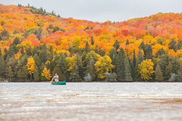 Man canoeing alone in a lake in Canada - Young man isolating and living the nature, autumn settings...