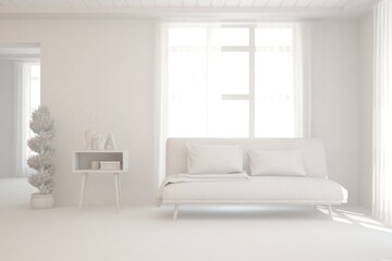 White minimalist living room with sofa. Scandinavian interior design. 3D illustration