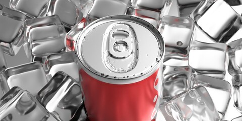 Cola soft drink can and ice closeup view. 3d illustration