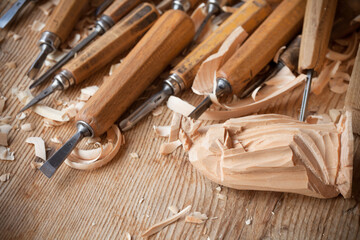 Detail of a table of a wood sculptor laboratory