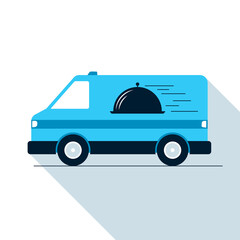 Food delivery car flat icon. Vector illustration of a moving food truck with serving metal plate image on the side. Represents a concept of food delivery. Can be used as a logo, icon or label