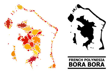 Mosaic autumn leaves and solid map of Bora-Bora. Vector map of Bora-Bora is shaped from random autumn maple and oak leaves. Abstract territory plan in bright gold, red, - obrazy, fototapety, plakaty
