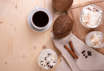 vanilla chocolate ice cream and a cup of coffee