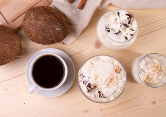 vanilla chocolate ice cream and a cup of coffee