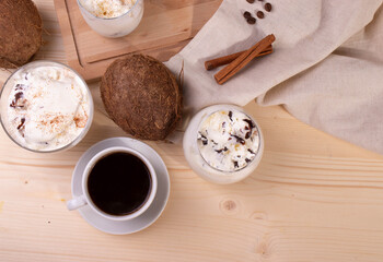 vanilla chocolate ice cream and a cup of coffee