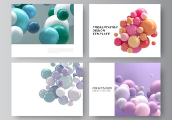 Vector layout of presentation slides design templates, multipurpose template for presentation brochure, business report. Abstract futuristic background with colorful 3d spheres, glossy bubbles, balls.