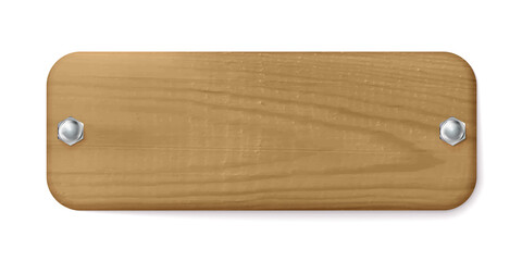 Wooden plate or tag with screws isolated on white background. Style for graphic and web design, label, template. Vector illustration