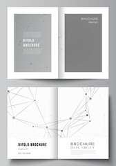 Vector layout of two A4 cover mockups templates for bifold brochure, flyer, magazine, cover design, book design. Gray technology background with connecting lines and dots. Network concept.