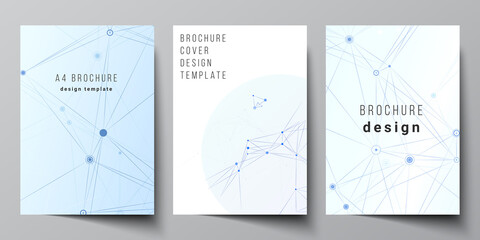 Vector layout of A4 format cover mockups templates for brochure, flyer layout, booklet, cover design, book design, brochure cover. Blue medical background with connecting lines and dots, plexus