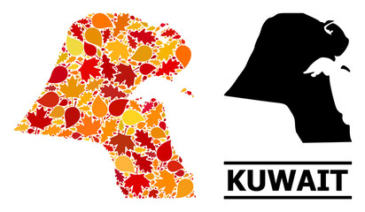 Mosaic autumn leaves and solid map of Kuwait. Vector map of Kuwait is organized from randomized autumn maple and oak leaves. Abstract territorial scheme in bright gold, red,