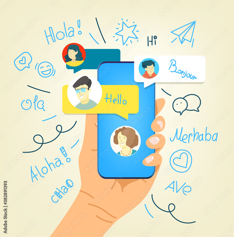 Aufkleber human gesture using modern smartphone. say hallo in different languages
