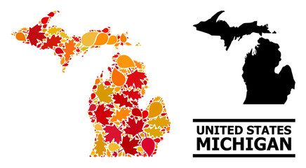 Fototapeta premium Mosaic autumn leaves and usual map of Michigan State. Vector map of Michigan State is composed of randomized autumn maple and oak leaves. Abstract territorial plan in bright gold, red,