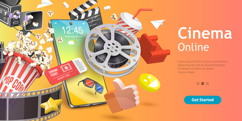 Mobile Cinema, Online Movie App, Cinematography and Filmmaking, Ticket Ordering. 3D Vector Conceptual Illustration.