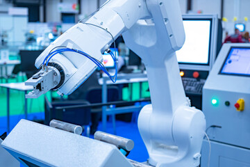 Work of the research laboratory. Programming of an industrial robot. Robot arm manipulator for conveyor line. Empty engineering lab with a robot. Setting the algorithm of actions.