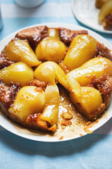 Pear tarte tatin. Upside down cake with caramel and pears. 