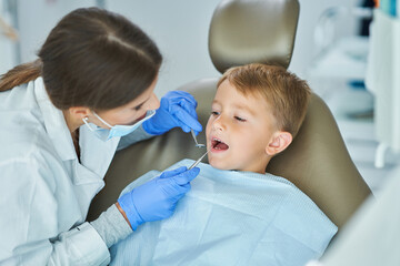 Little boy and female dentist in the dentists office