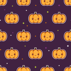 A seamless pattern design of the Halloween theme. Vector background with cute kawaii pumpkin characters for wrapping paper