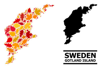 Mosaic autumn leaves and solid map of Gotland Island. Vector map of Gotland Island is shaped with randomized autumn maple and oak leaves. Abstract territorial scheme in bright gold, red,